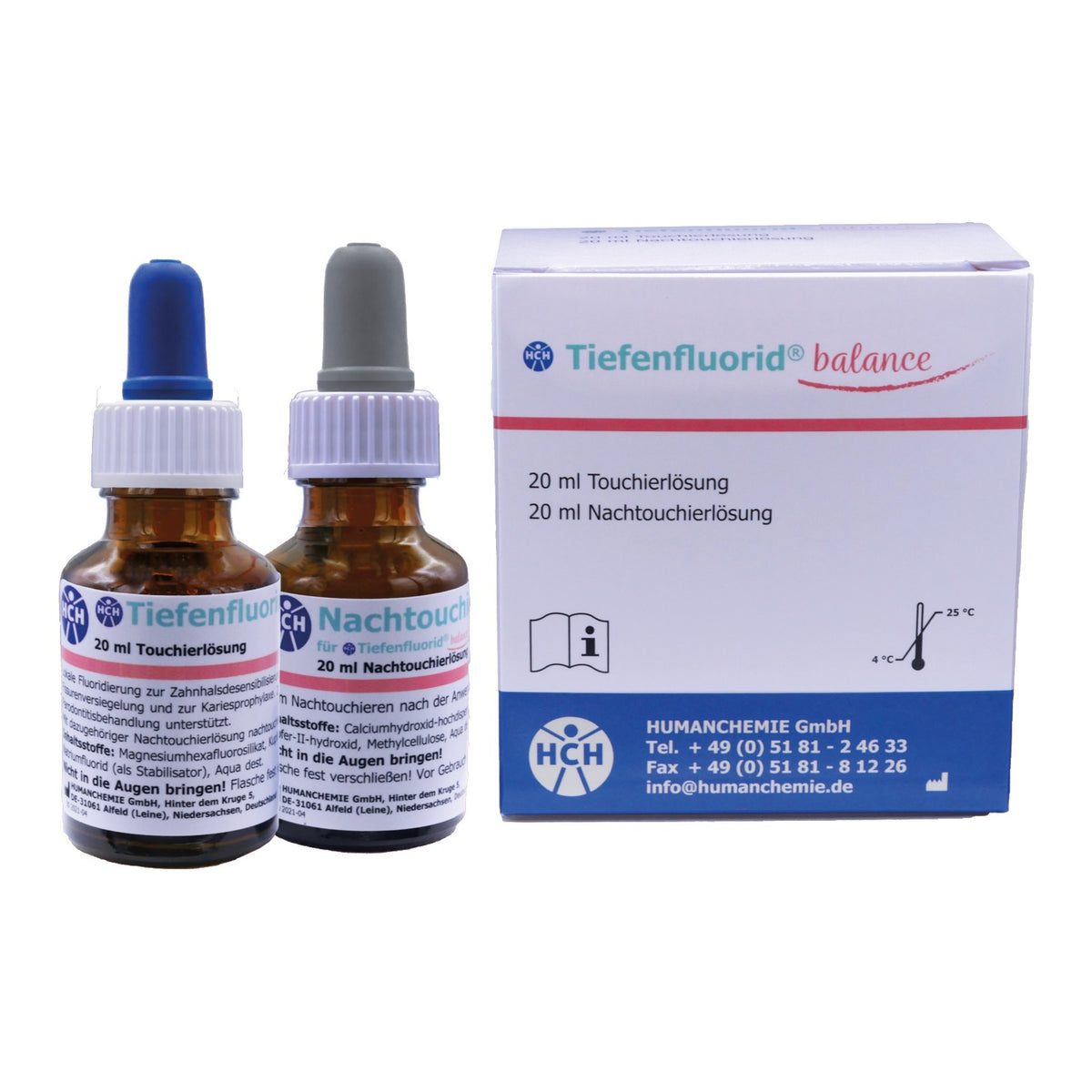 Humanchemie Tiefenfluorid balance – 20 ml Touchierlösung ir 20 ml Nachtouchierlösung buteliukai su pakuote