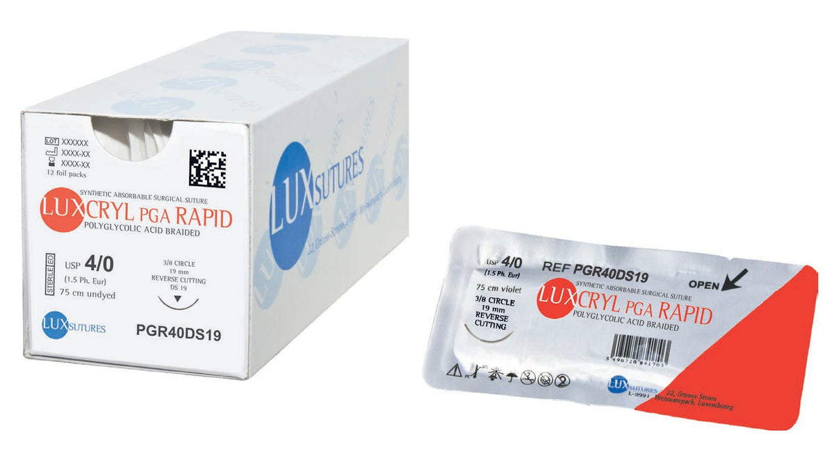 Luxsutures LUXCRYL PGA Rapid greitai rezorbuojamo pinto siūlo dėžutė ir folijos pakuotė