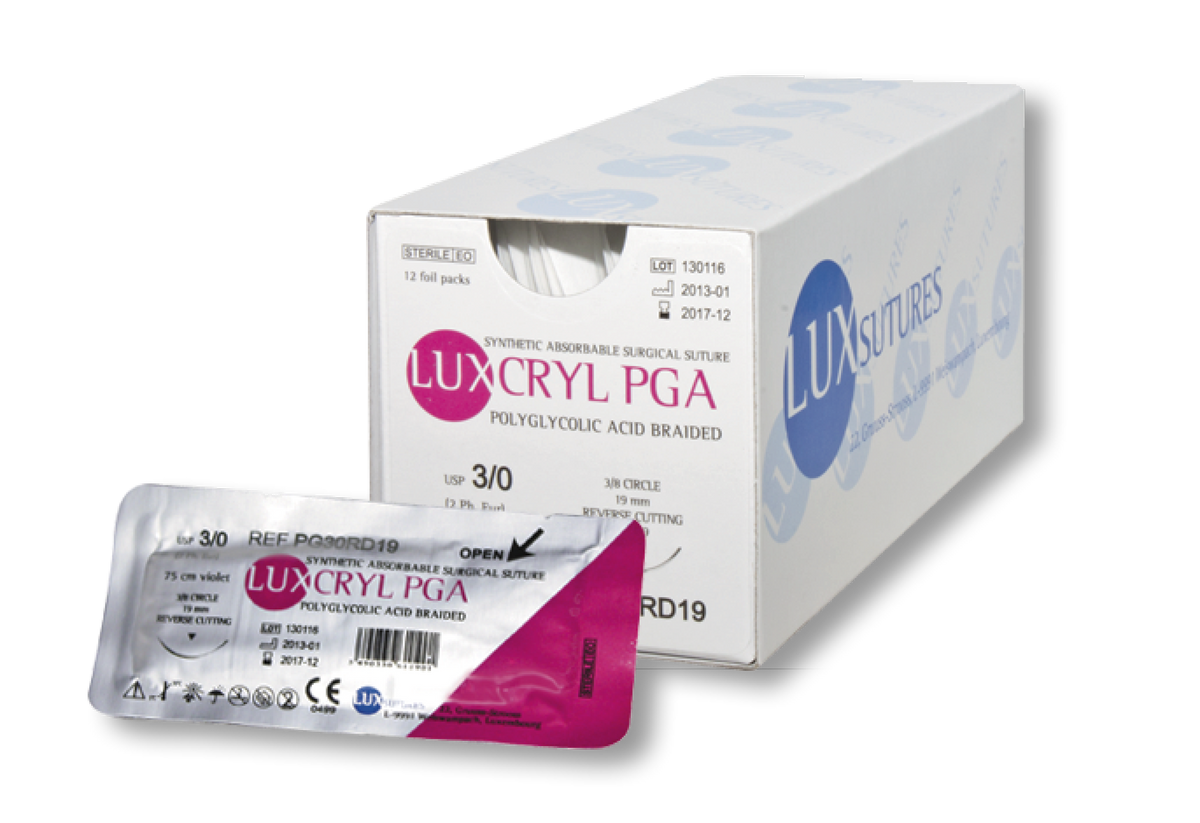 Luxsutures LUXCRYL PGA pinto rezorbuojamo siūlo dėžutė ir pakuotė