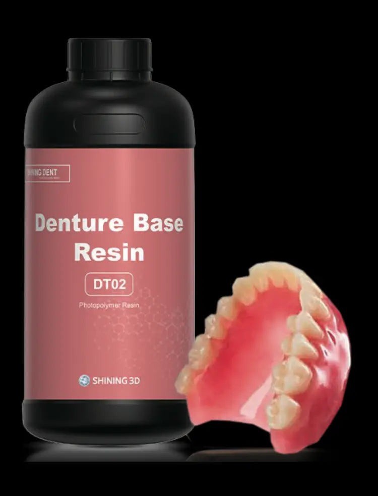 SHINING DENT DT02 protezų pagrindų dervos buteliukas ir atspausdintas nuimamas protezas