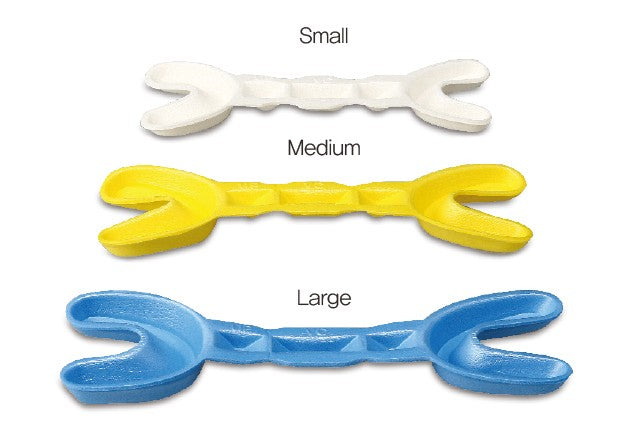 Vericom Eazitray vienkartiniai šaukštai: Small (baltas), Medium (geltonas) ir Large (mėlynas)